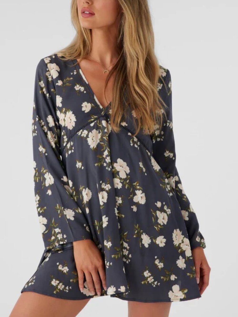 NWT O'Neill Stevie Floral Mini Dress XL Blue Long Sleeve Boho V-Neck
